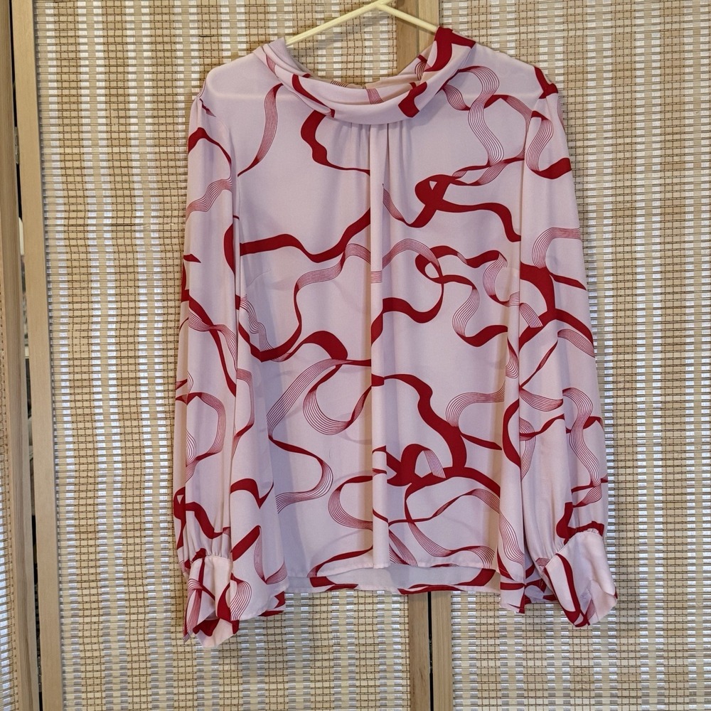 Liz Clairborne Women XL Blouse Pink Red Ribbon Design Long Sleeve Office Party